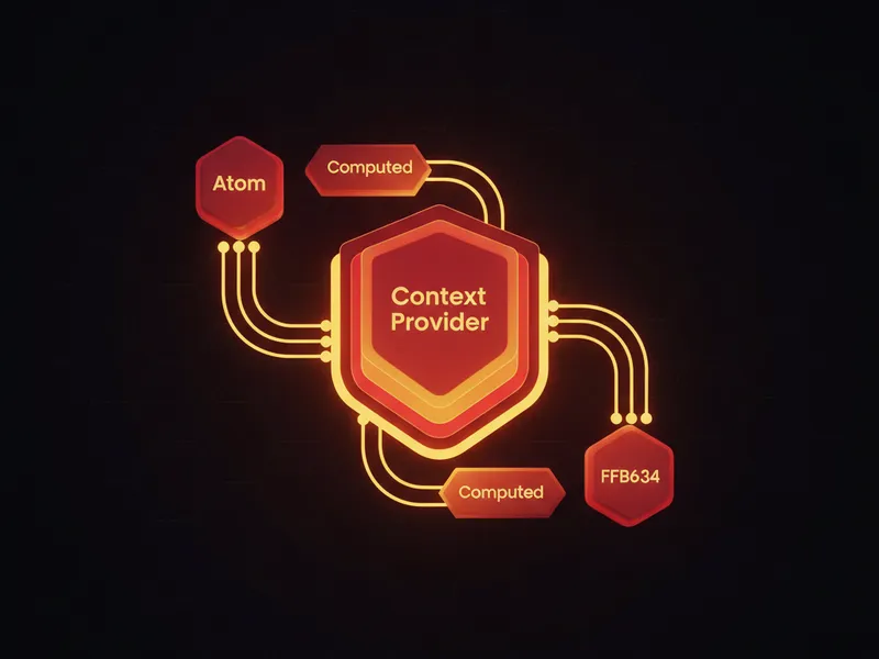 Technical visualization of LWC state management primitives including atoms and context binding.