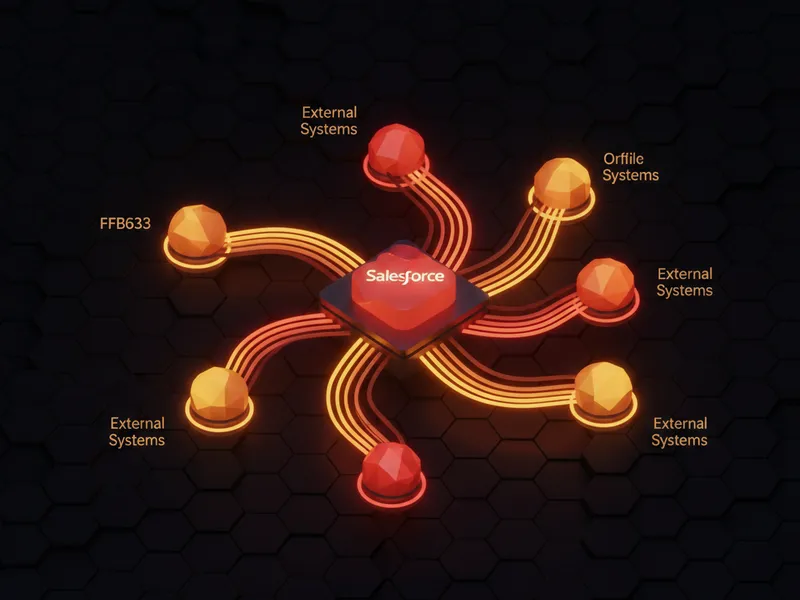 Technical diagram illustrating various Salesforce integration platforms connecting disparate systems via data streams.