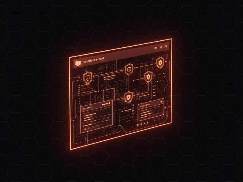 Technical schematic illustrating security and configuration deep dives for the Experience Cloud Consultant exam preparation.