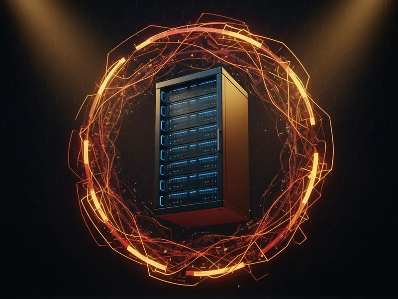 A digital shield protecting server infrastructure, representing Salesforce Hyperforce security protocols and regional data protection measures.