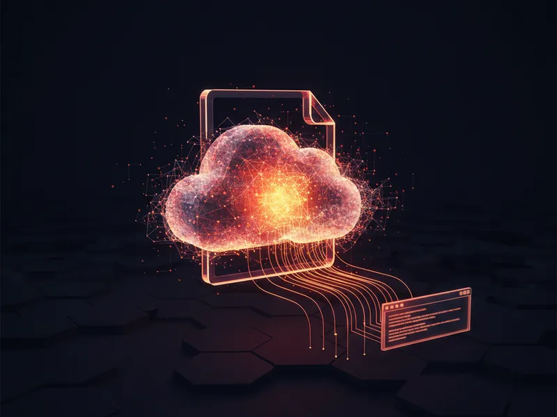 A 3D holographic file folder representing an Agentforce Prompt Template accessing external file resources.