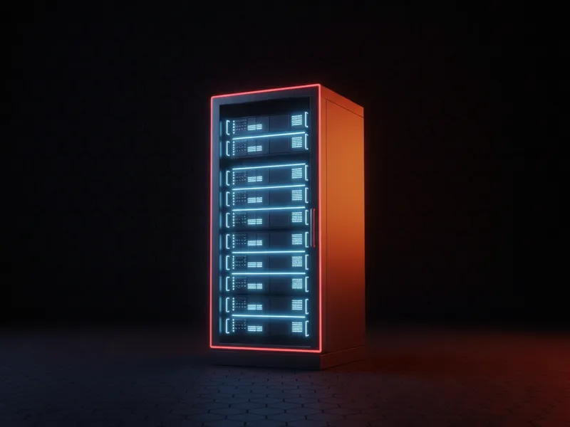 A 3D server rack illustration representing Salesforce spring cleaning and technical debt reduction.