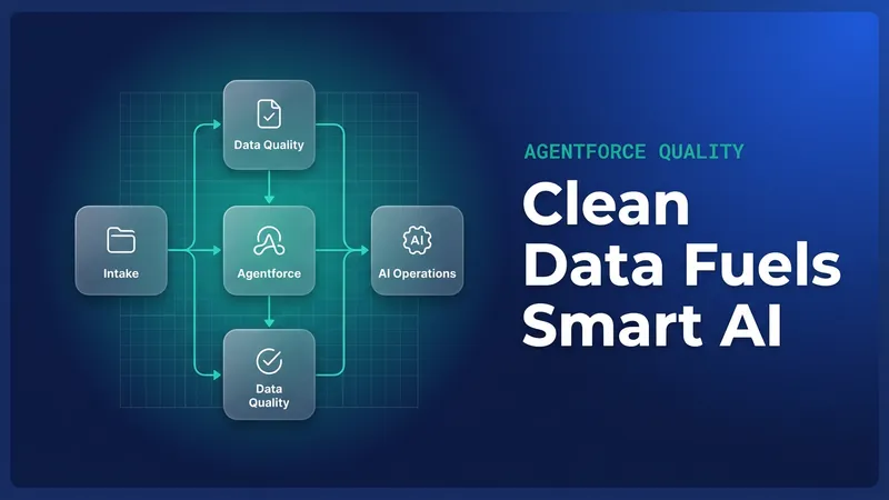 A 3D visualization representing data flowing into a structured system for Agentforce data quality
