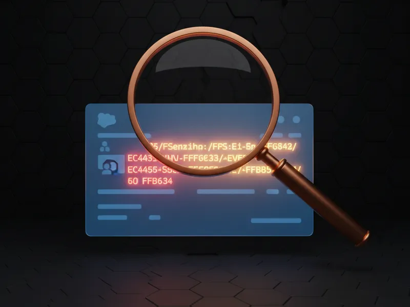 A 3D magnifying glass highlighting data nodes to assist with finding text strings in Salesforce records.