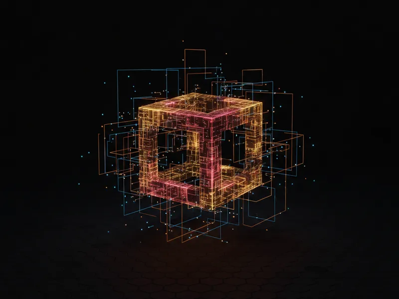 A 3D representation of Salesforce development strategy with glowing data structures on a dark background.