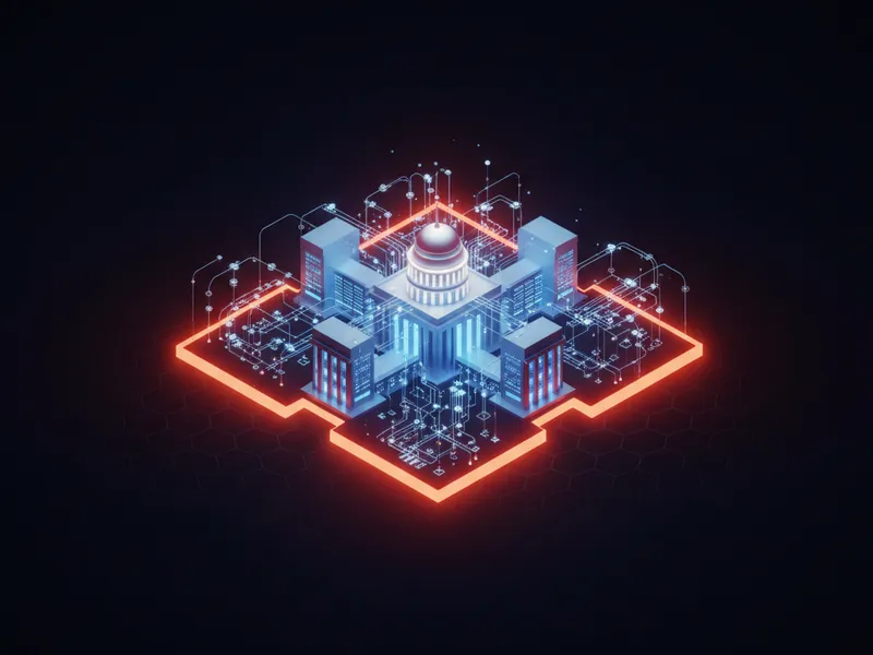 A 3D rendering of Agentforce public sector architecture showing AI logic connecting to data systems.