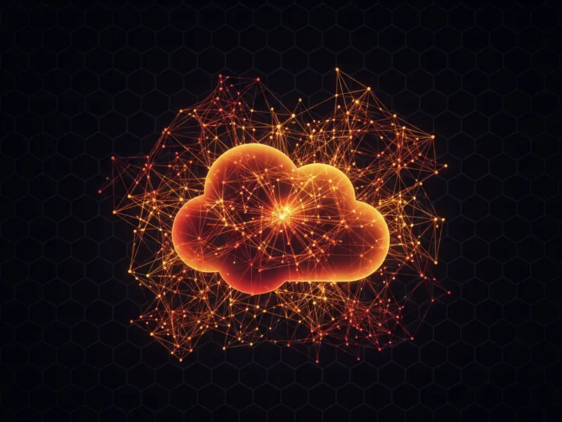 3D model of a neural network linking to a Salesforce cloud icon, representing a Salesforce AI agent.