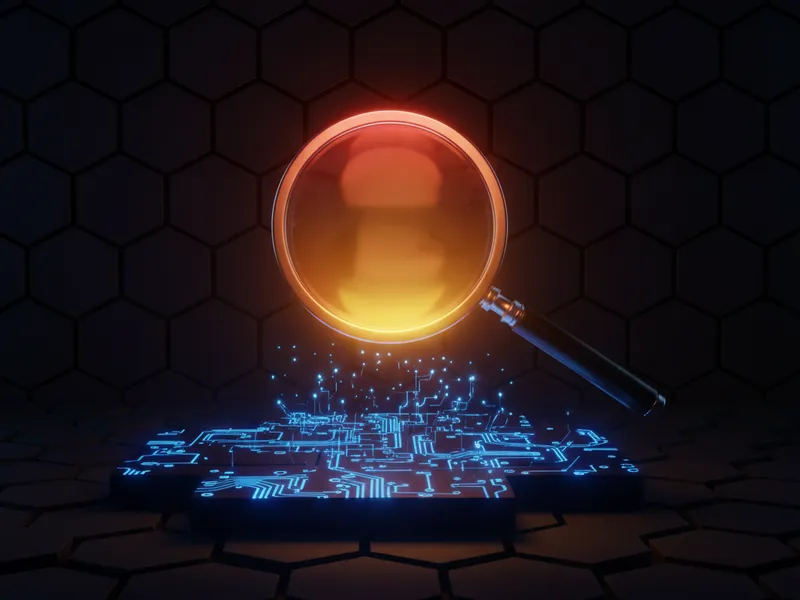 3D magnifying glass examining a glowing network of data nodes to illustrate Salesforce data quality.
