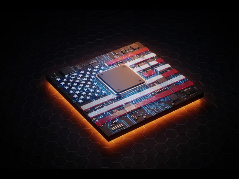 A 3D circuit board representing Salesforce govtech with data streams forming a US flag.