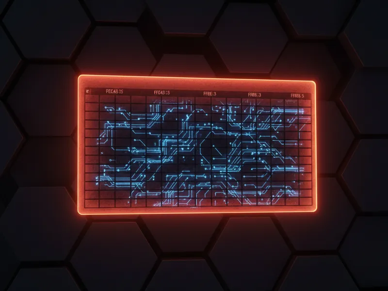 3D Salesforce Datatable flow component with glowing blue circuit lines, representing data processing.