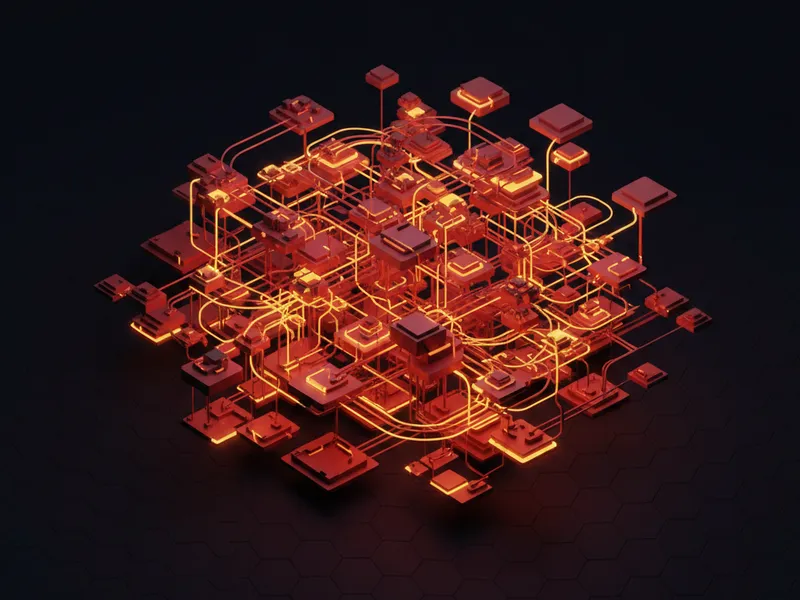 3D render of interconnected data nodes representing Agent Fabric Context Catalog and AI governance.