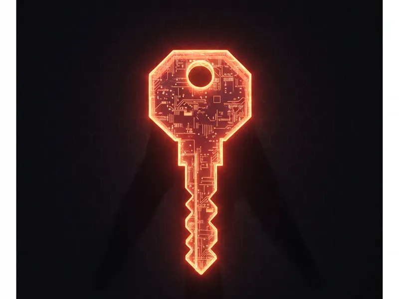 A 3D rendered digital key symbolizing Salesforce passkey requirements for enhanced security.