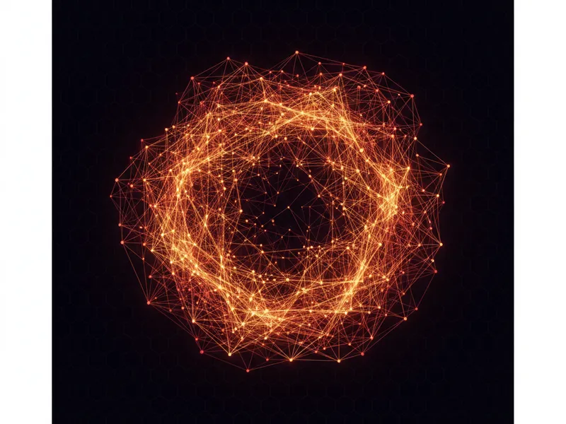 3D network of glowing data nodes representing Salesforce Engineering 360 unified operations at scale.