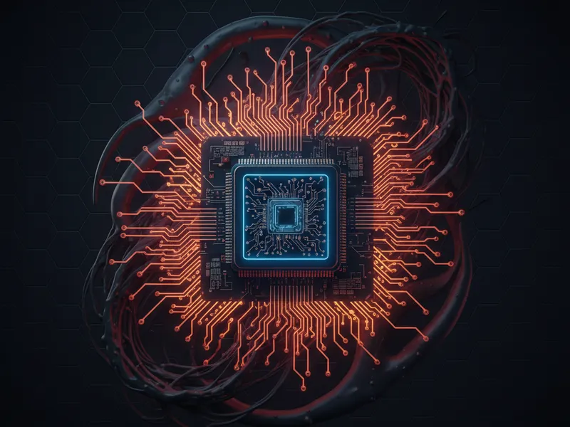 Stylized 3D circuit board transforming into a neural network, illustrating AI adoption lessons.