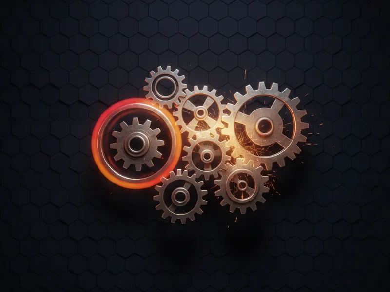 Interconnected gears illustration, some turning smoothly, symbolizing Salesforce layoffs and workforce restructuring.