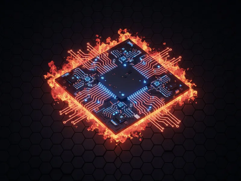 3D circuit board with glowing nodes, symbolizing AI code governance in software development.