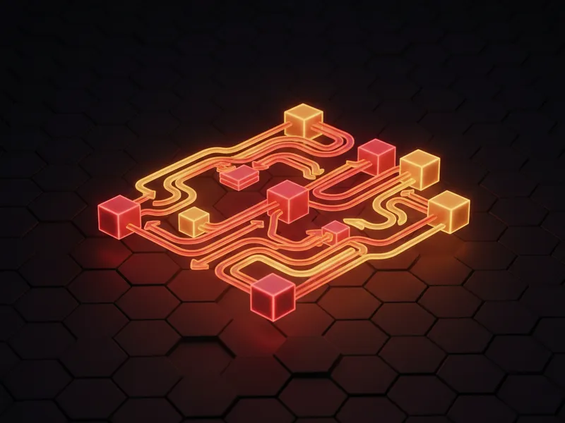 A glowing 3D icon representing a complex Salesforce Flow Builder diagram with interconnected nodes.