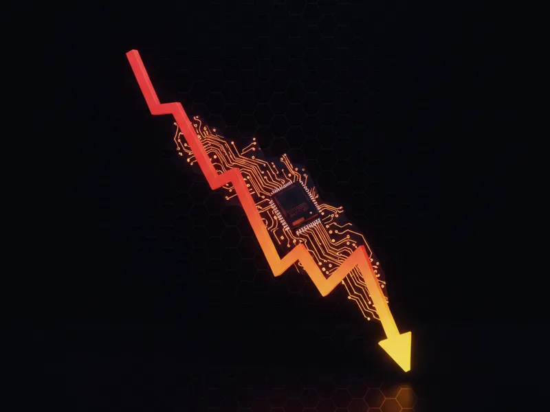 3D stock market graph illustrating a downward trend with integrated circuit board elements for Salesforce stock dip analysis.