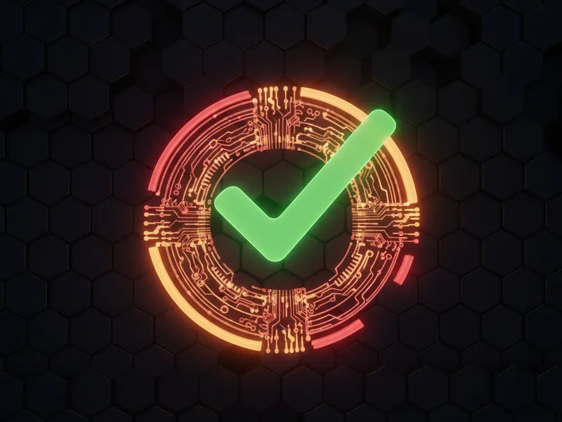 3D glowing green checkmark resolving a customer service ticket on a circuit board.