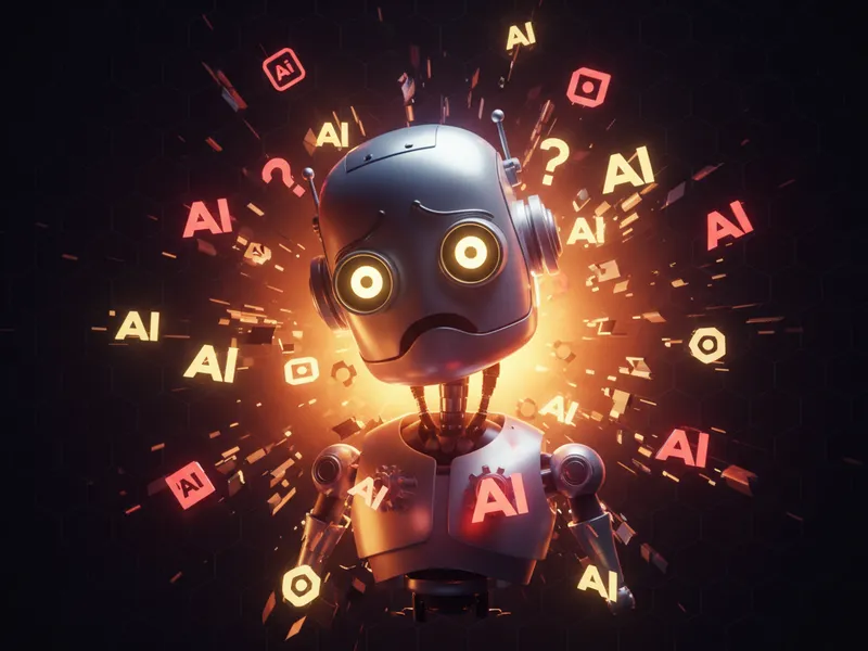 A 3D rendered robot overwhelmed by swirling Salesforce AI product logos, symbolizing AI exhaustion.