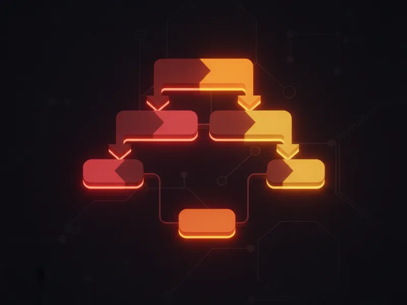 Salesforce Flow decision elements branching logic diagram with glowing nodes on a dark background