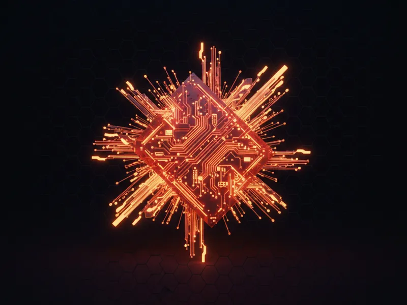 A 3D rendered abstract circuit board glowing with a warm orange light, symbolizing Salesforce Flow and Agentforce integration.