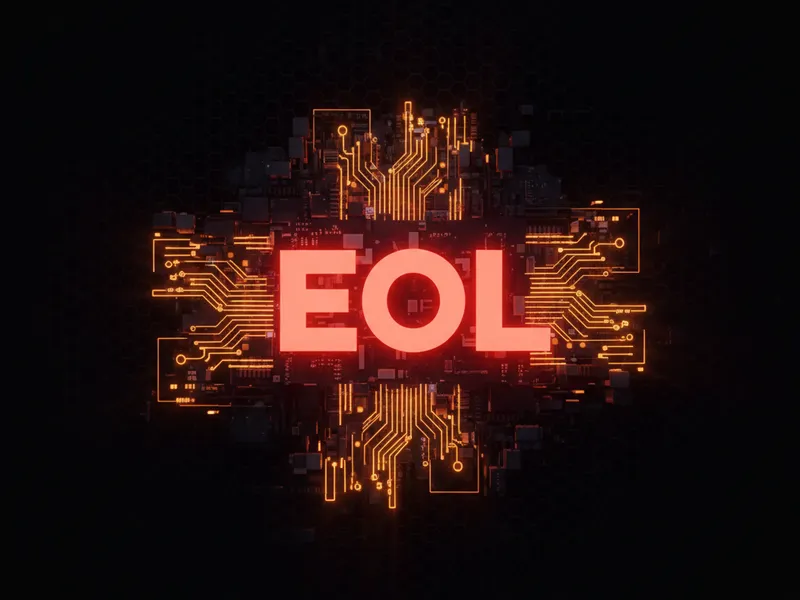 Glowing EOL symbol on a 3D circuit board, representing Salesforce CPQ's end of life transition.