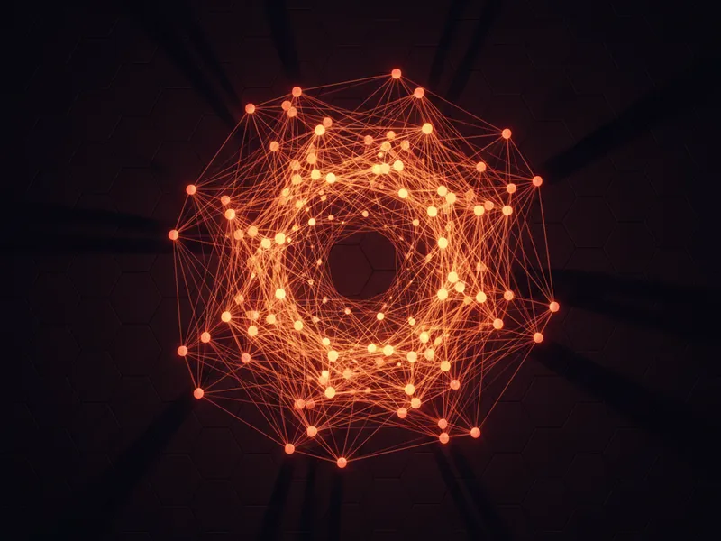 Chaotic network of glowing data nodes representing Salesforce renaming and Agentforce complexity.