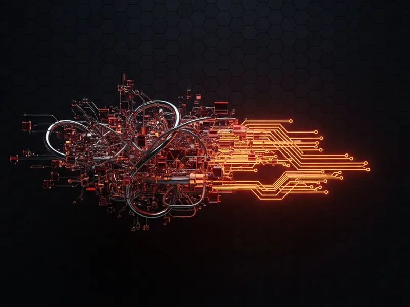 3D abstract of complex data pipeline transforming into a streamlined, glowing circuit, representing reduced development time.