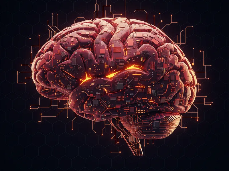 A 3D brain made of circuit boards representing Salesforce critical thinking, symbolizing intelligence and analysis.