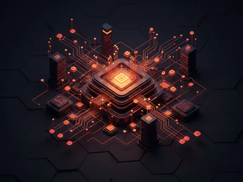 3D abstract visualization of complex Salesforce Data Cloud nodes and processing for AI context