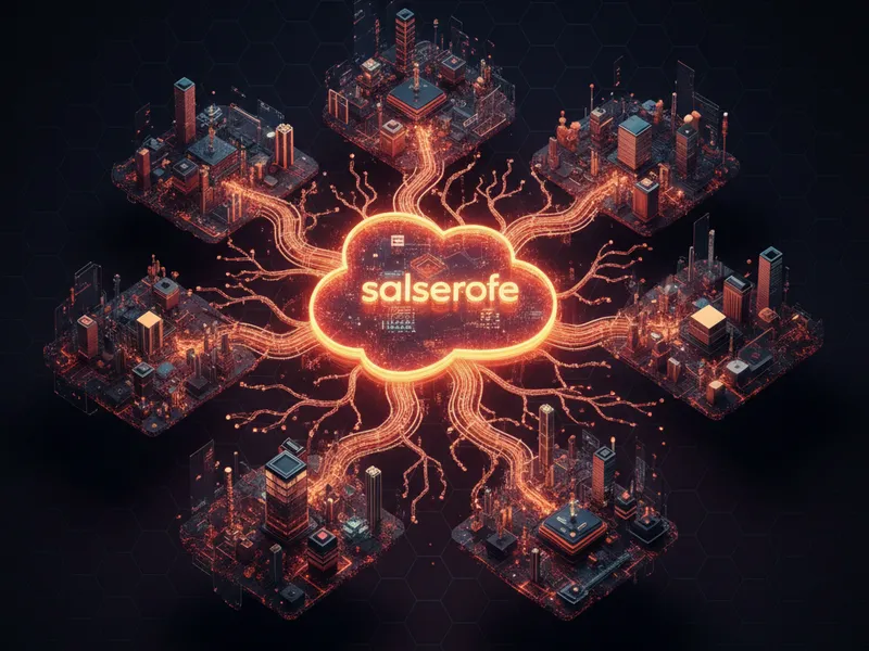 Abstract 3D image showing Salesforce architecture evolving into broader tech landscapes, representing career expansion.