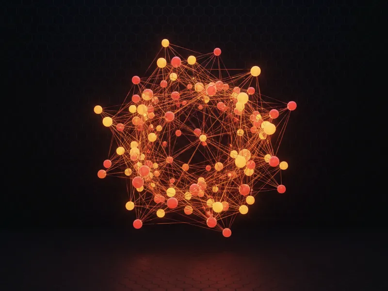 A 3D visualization of a resilient, interconnected AI workflow with glowing nodes representing successful execution and flickering nodes indicating transient failures.