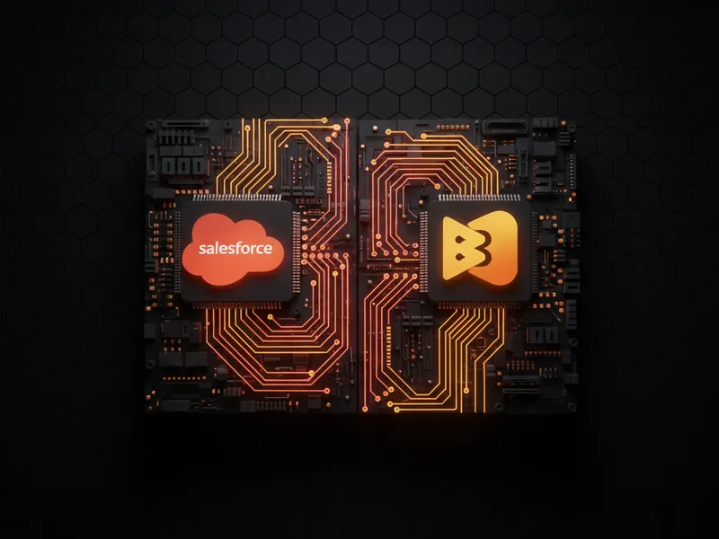 3D circuit board connecting Salesforce and SharePoint logos to illustrate integration strategies