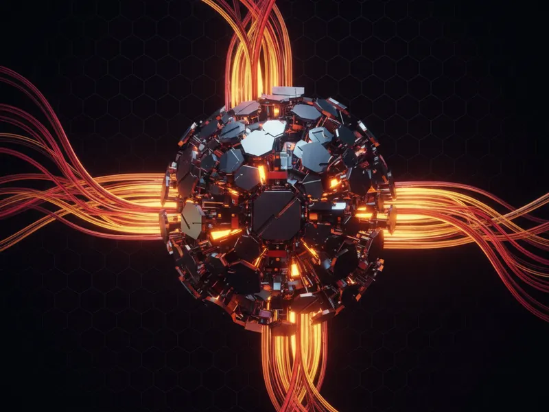 3D rendered network node illustrating secure Salesforce Private Connect data pathways for AI.