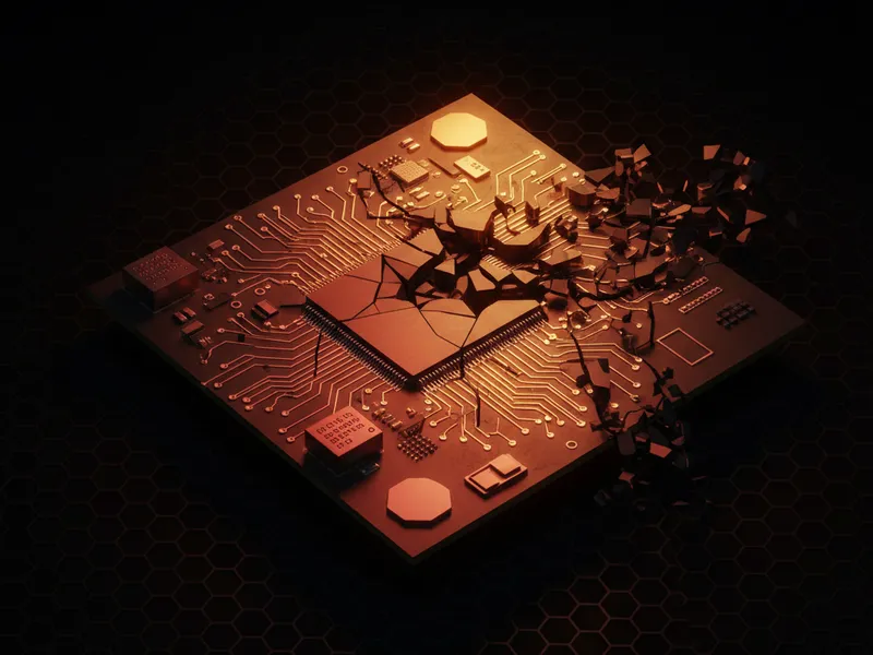 A 3D rendered circuit board with a broken section, representing Salesforce layoffs and impact.