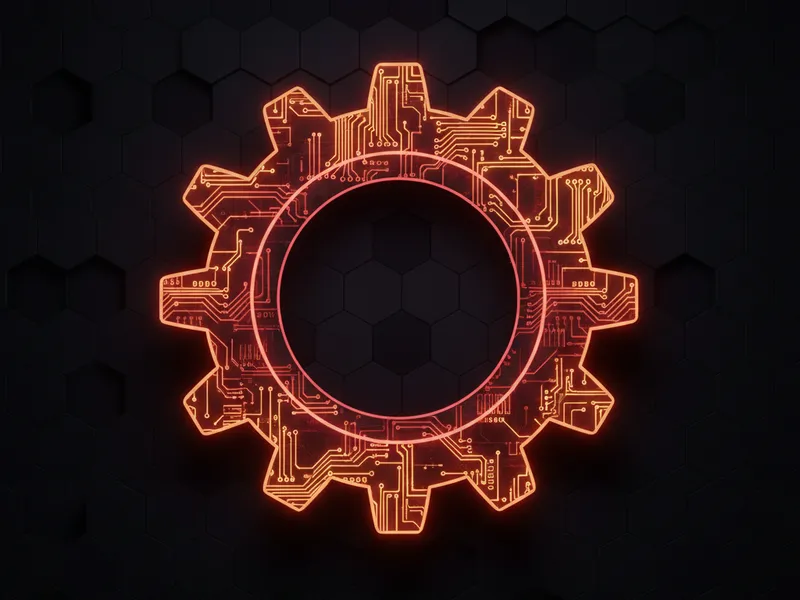 3D rendered gear with circuit patterns representing Salesforce validation rules and data integrity.