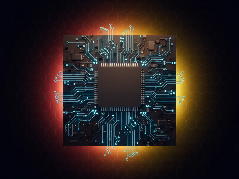 A 3D circuit board with glowing lines, symbolizing Salesforce Winter '27 Sales Cloud features and data.