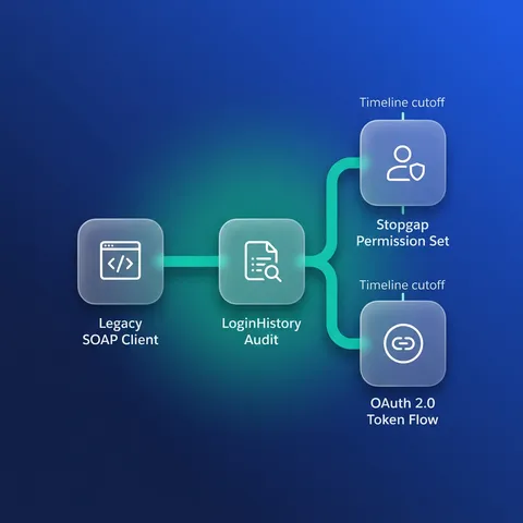Timeline diagram of the Salesforce SOAP login retirement with Winter '27 and Summer '27 deadlines