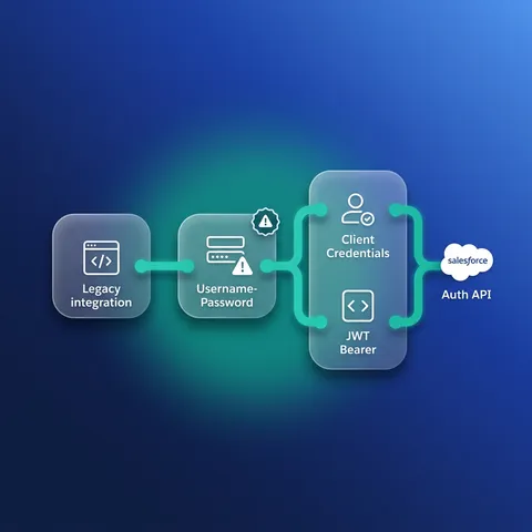 Diagram of an OAuth username-password flow retirement migration to Client Credentials and JWT Bearer