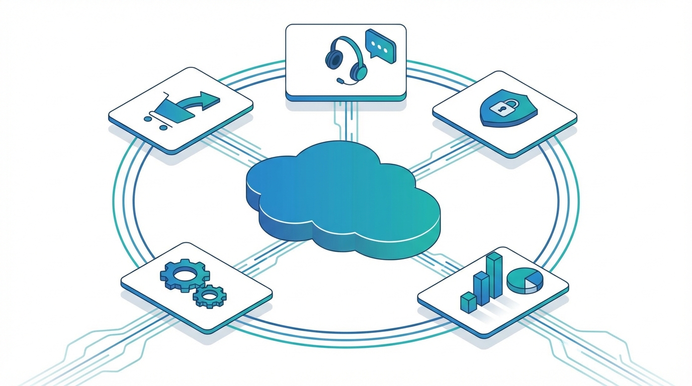 Salesforce platform modules including Sales Cloud, Service Cloud, Security, and Reports