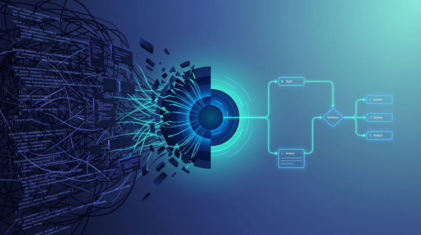 A professional 3D illustration depicting the transition from complex code to a visual flow automation builder.