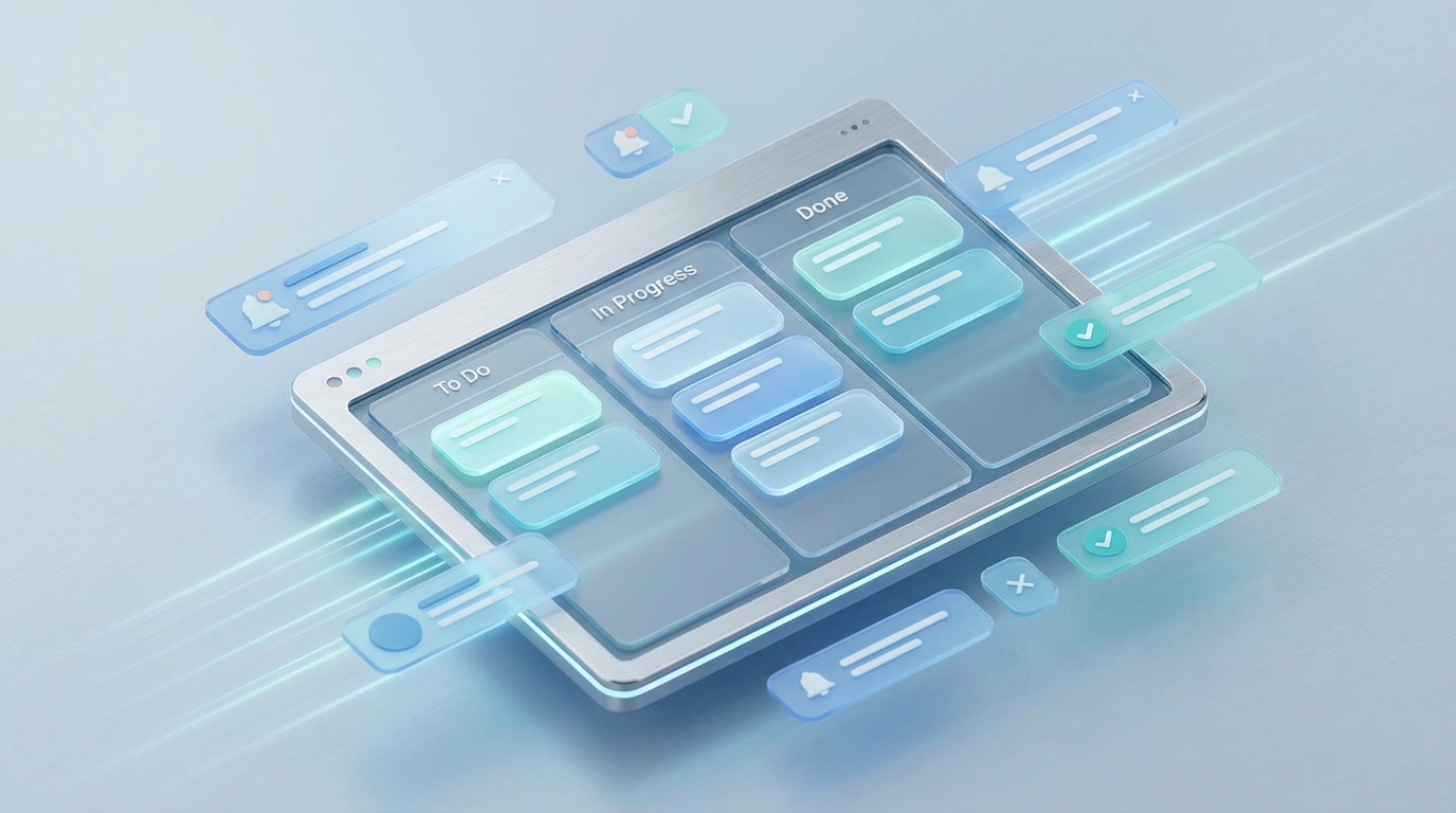 An isometric visualization of a digital Kanban board and modern UI components for screen flows.