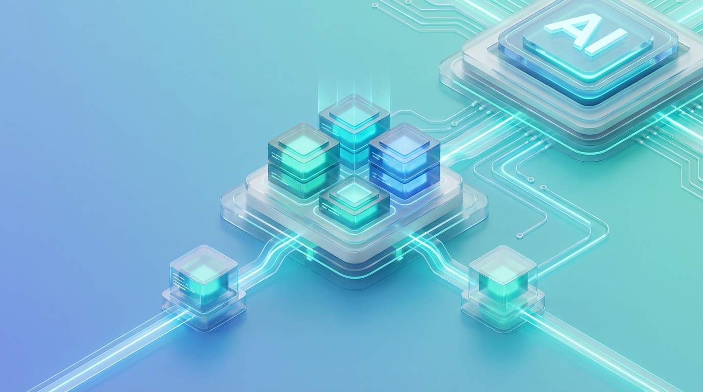 An isometric 3D illustration of modular digital components and data nodes connecting to a central AI framework in shades of teal and blue.