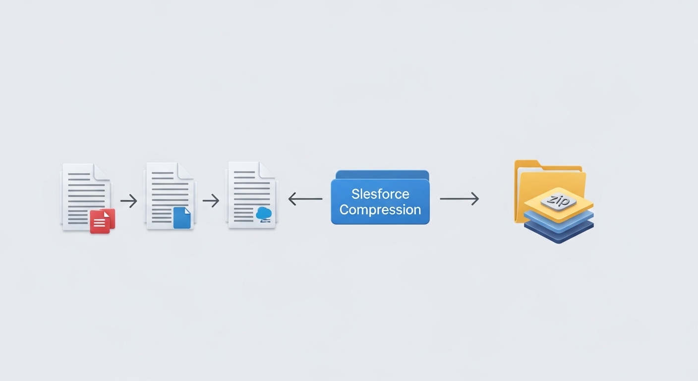 An architectural diagram illustrating the Apex ZipWriter process where multiple individual files are consolidated into a single compressed zip archive.