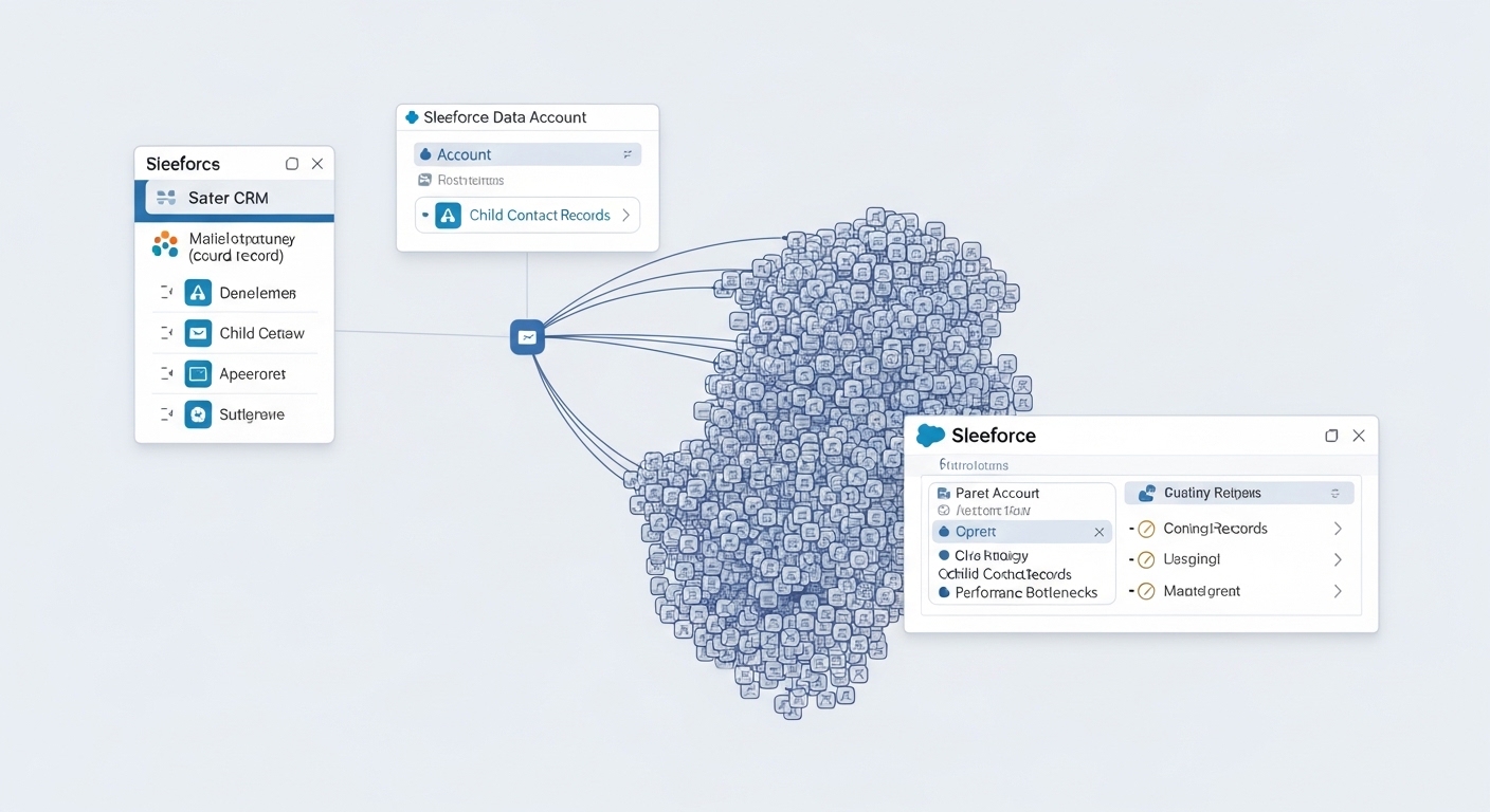 A technical diagram showing data skew where a single parent record is connected to thousands of child records, illustrating a performance bottleneck in Salesforce.