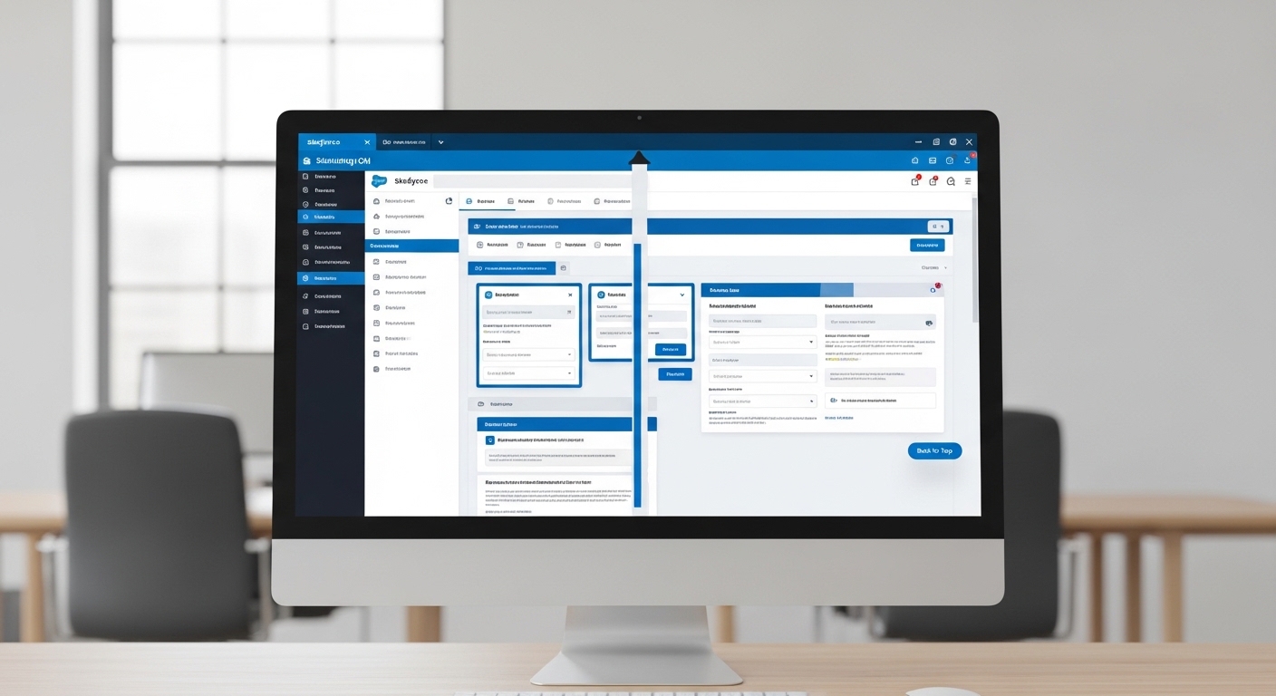 A professional UI mockup of a long, scrollable Salesforce-style record page with multiple sections and a navigation button.