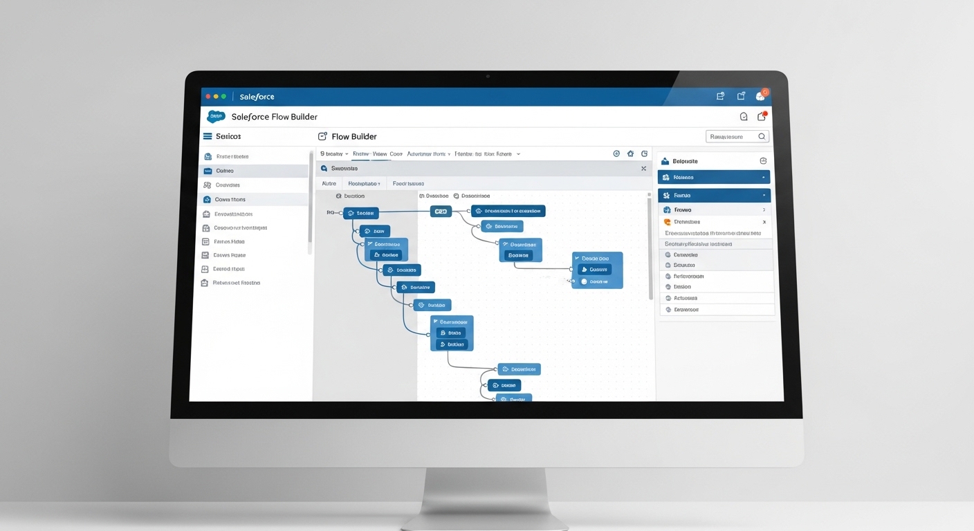 A detailed screenshot of a complex Salesforce Flow automation workflow representing real-world technical problem-solving.