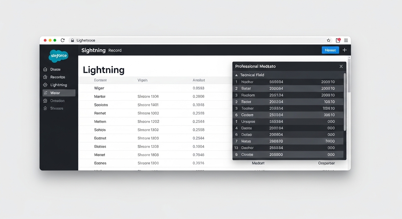 A realistic UI mockup of a Salesforce record page featuring a technical metadata overlay showing field details and data values.