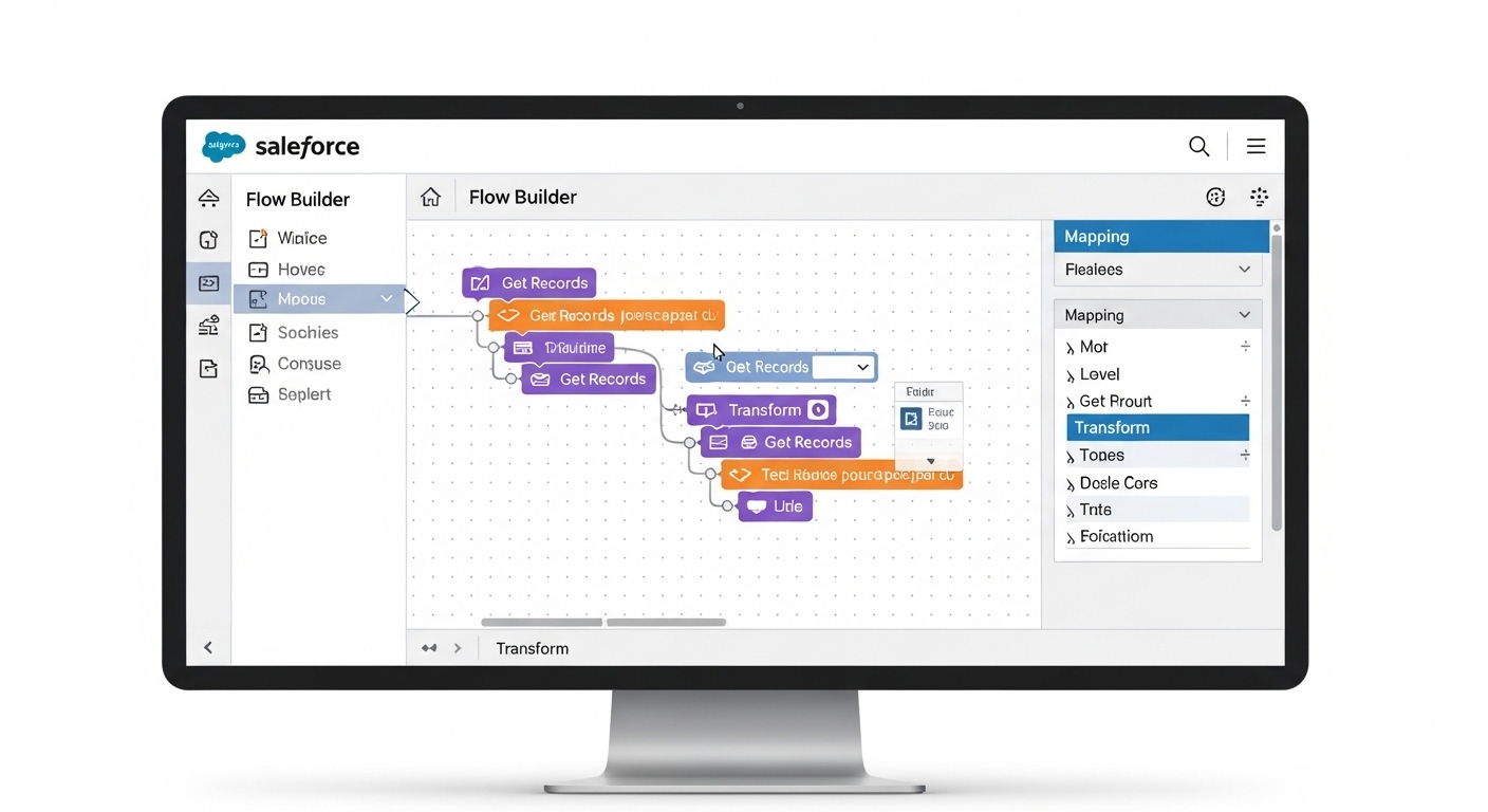 A professional visualization of the Salesforce Flow Builder canvas showing a Get Records element connected to a Transform element for data mapping.
